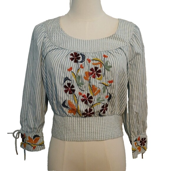 Anthropologie Women's Small Embroidered Smocked Crop Top Cotton Elastic Waist - Picture 3 of 16